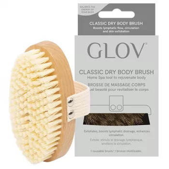 GLOV Dry kefa na suché telo - prírodné štetiny z tampica, buková rukoväť, ergonomické pútko na ruku na peeling a masáž