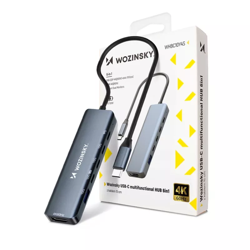 WOZINSKY WHBC10Y4S USB-C hub 6-in-1 multifunkčný hliníkový s 15 cm káblom - sivý