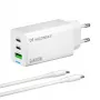 Wozinsky GaN 65W nabíjačka s USB-A a 2x USB-C konektormi a USB-C káblom 65W - biela