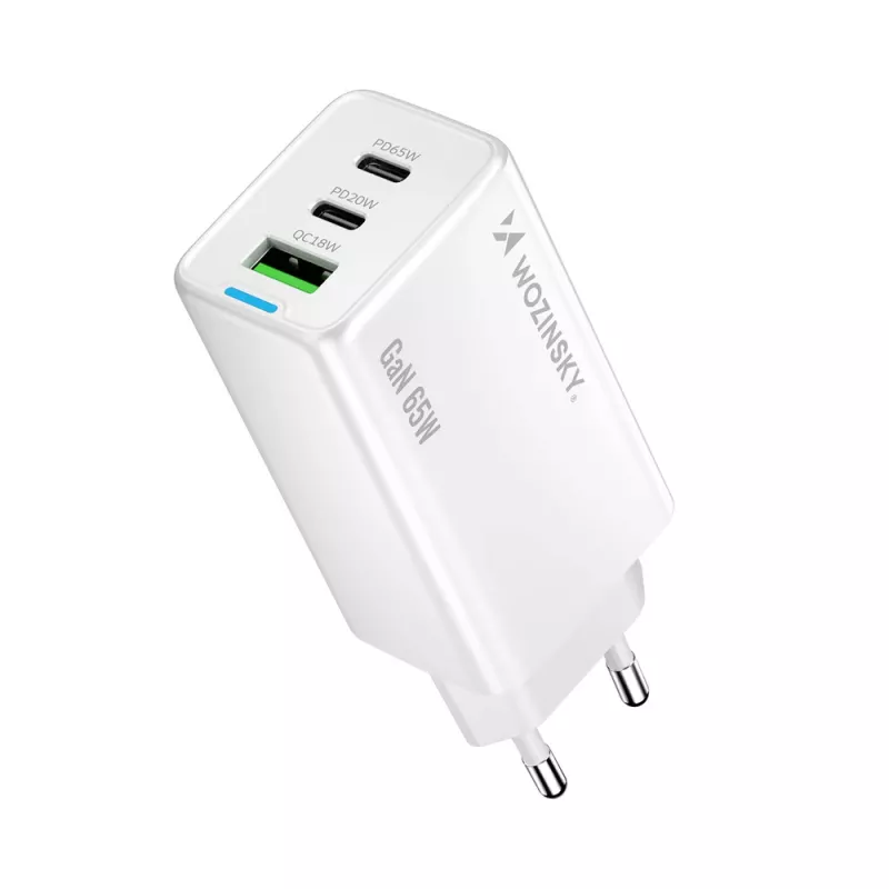 Wozinsky GaN 65W nabíjačka s USB-A a 2x USB-C konektormi a USB-C káblom 65W - biela