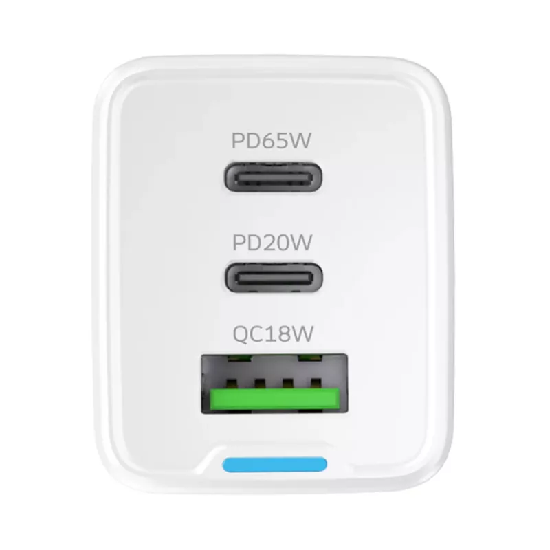 Wozinsky GaN 65W nabíjačka s USB-A a 2x USB-C konektormi a USB-C káblom 65W - biela