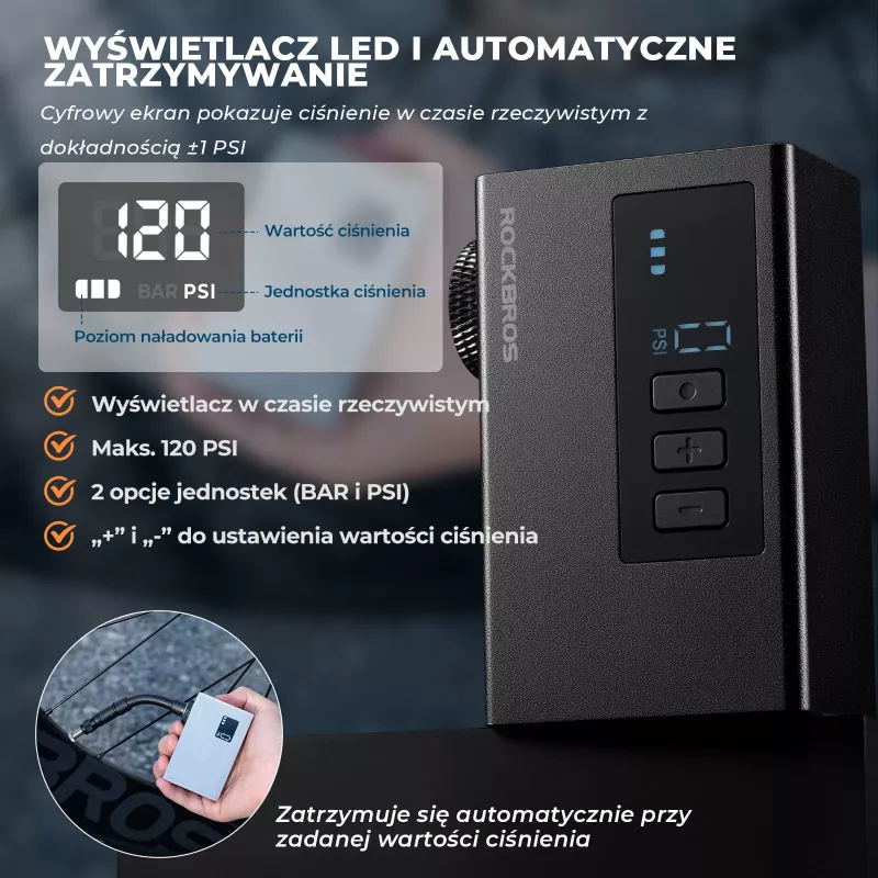ROCKBROS AS240 PRO bezdrôtová vzduchová pumpa, kompresor 120 PSI, 420 mAh, čierna