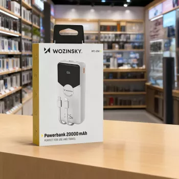 Powerbank Wozinsky WFC-15W 20000mAh 22,5W PD20W s integrovanými Lightning a USB-C káblami - biela