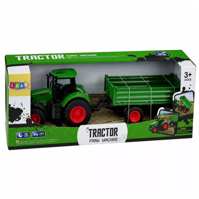 LEAN TOYS Poľnohospodársky traktor s vyklápacím prívesom, gumené kolesá, zelená, 1:24