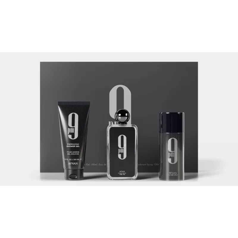 Afnan 9 PM Eau de Parfum darčeková sada pre pánov - 100ml EDP sprej + 150ml sprchový gél + 250ml deodorant sprej
