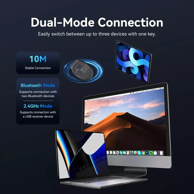 Vention KTMB0 Dual-Mode 2.4GHz + Bluetooth 5.1 bezdrôtová optická myš, 6 tlačidiel, 800-2400 DPI, čierna