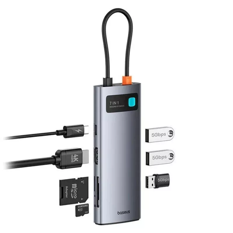 Baseus Metal Gleam 7-in-1 USB-C hub HDMI 4K 60Hz 3x USB 3.0 USB-C PD SD microSD sivý