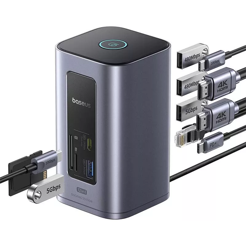 Baseus Air Spacemate 12-in-1 USB-C hub, 2x HDMI 4K@60Hz, 2x USB-C 10Gbps, 2x USB-A 5Gbps, 2x USB-A 480Mbps, RJ45, SD/microSD, USB-C PD, sivý