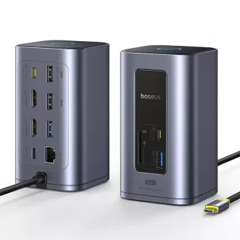Baseus Air Spacemate 12-in-1 USB-C hub, 2x HDMI 4K@60Hz, 2x USB-C 10Gbps, 2x USB-A 5Gbps, 2x USB-A 480Mbps, RJ45, SD/microSD, USB-C PD, sivý