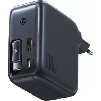 Baseus EnerCore CJ11 100W GaN napájací zdroj s vyťahovacím USB-C káblom, 2 USB-C a 1 USB-A konektorom, čierna