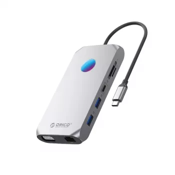 ORICO XCR 12-in-1 USB-C dokovacia stanica s RGB, 3x USB-A 3.1, 1x USB-A 2.0, 1x USB-C PD 100W, 1x USB-C 3.1, 1x HDMI 1.4 4K 30Hz, 1x VGA 1080p, 1x microSD/SD 3.0, 1x RJ45 Gigabit Ethernet, 1x Audio CTIA 3,5 mm - sivá