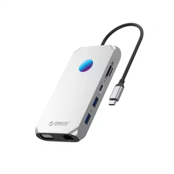 ORICO XCR 12-in-1 USB-C dokovacia stanica s RGB, 3x USB-A 3.1, 1x USB-A 2.0, 1x USB-C PD 100W, 1x USB-C 3.1, 1x HDMI 1.4 4K 30Hz, 1x VGA 1080p, 1x microSD/SD 3.0, 1x RJ45 Gigabit Ethernet, 1x Audio CTIA 3,5 mm - strieborná