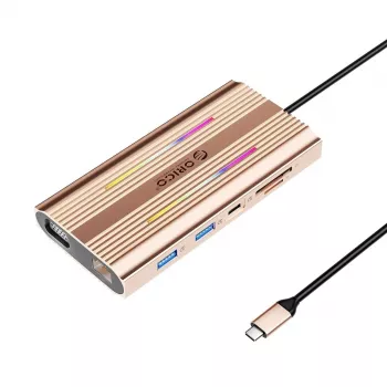 ORICO XDR 12-in-1 USB-C dokovacia stanica RGB, 2x USB-A, 1x USB-C PD 100W, 2x HDMI 4K 60Hz, VGA, RJ45 Gigabit, čítačka SD & microSD kariet - Rose Gold