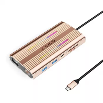 ORICO XDR 12-in-1 USB-C dokovacia stanica RGB, 3x USB-A, USB-C PD 100W, HDMI 4K, VGA, RJ45 Gigabit, čítačka SD/microSD kariet - Rose Gold