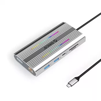 ORICO XDR 12-in-1 USB-C dokovacia stanica s RGB, 2x HDMI 4K 60Hz, DisplayPort 4K 60Hz, RJ45 Gigabit, PD 100W, čítačka SD/microSD kariet - strieborná