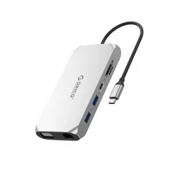 ORICO XCR 12-in-1 USB-C dokovacia stanica, 3x USB-A 3.1, 1x USB-A 2.0, 1x USB-C PD 100W, 1x USB-C 3.1, 1x HDMI 1.4 4K 30Hz, 1x VGA 1080p, SD/microSD 3.0, RJ45 Gigabit, 3,5 mm Audio, strieborná