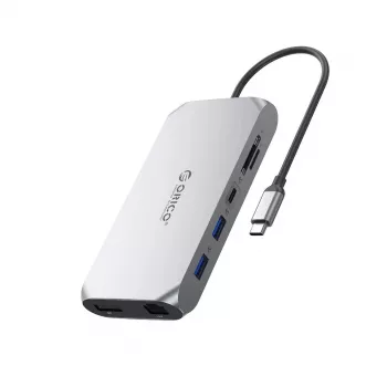 ORICO XCR 12-in-1 USB-C dokovacia stanica 2x USB-A 3.1 1x USB-A 2.0 1x USB-C PD 100W 1x USB-C 3.1 2x HDMI 2.0 4K 60Hz 1x DisplayPort 1.4 4K 60Hz 1x SD 3.0 1x microSD 3.0 1x RJ45 Gigabit Ethernet 1x Audio CTIA 3,5 mm - sivá