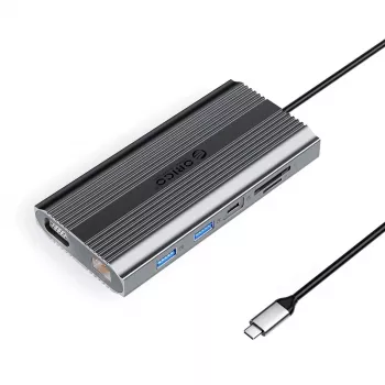 ORICO XDR 12-in-1 USB-C dokovacia stanica s USB-A, USB-C PD 100W, HDMI 4K, VGA, RJ45 Gigabit, čítačka SD & microSD kariet - sivá