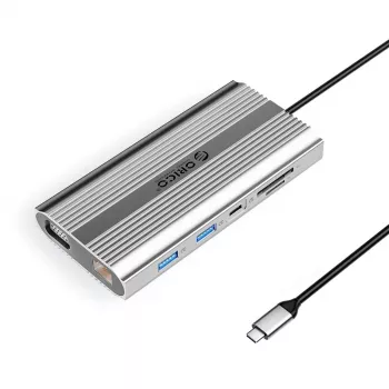 ORICO XDR 12-in-1 USB-C dokovacia stanica s 4K HDMI, VGA, Gigabit Ethernet, 100W PD, čítačka SD/microSD kariet - strieborná