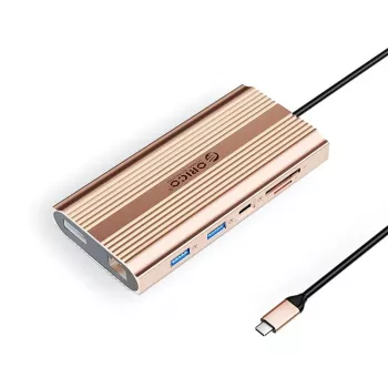 ORICO XDR 12-in-1 USB-C dokovacia stanica s 2x HDMI 4K 60Hz, DisplayPort 4K 60Hz, Gigabit Ethernet, 100W PD, čítačka SD/microSD kariet - ružové zlato