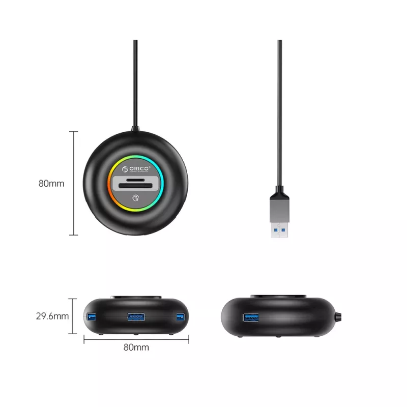ORICO YXR4 RGB 4-portový USB-A 3.0 hub s čítačkou SD a microSD kariet, 1,8 m kábel, čierna