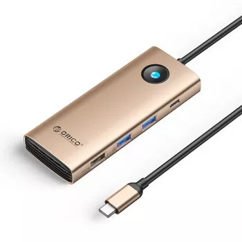 ORICO PW11 USB-C hub 8-in-1 s 2x USB-A 3.0, 1x USB-A 2.0, 1x USB-C 3.0, 1x USB-C PD 100W, 1x HDMI 4K 60Hz, 1x VGA 1080P 60Hz, 1x RJ45 Gigabit Ethernet - ružové zlato