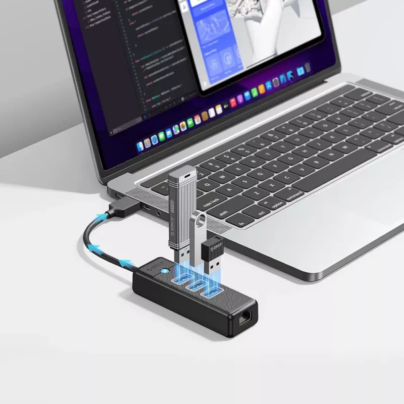 ORICO PW3UR25-U3 4-portový USB hub s 3x USB-A 3.0 a 2.5G Ethernet, 1m kábel, čierny