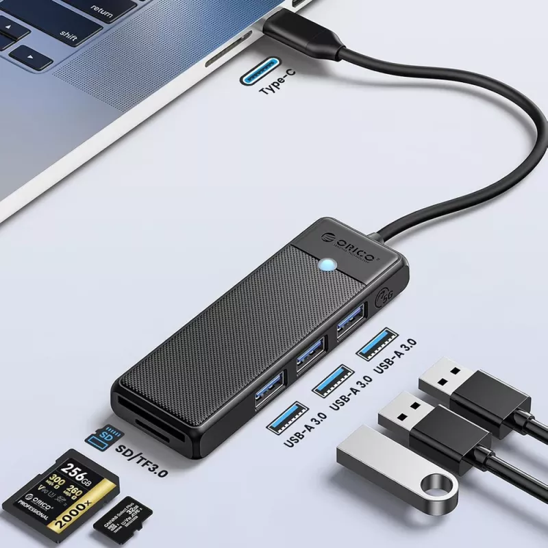 ORICO PAPW3AT-U3 4-portový USB 3.0 hub s SD/MicroSD čítačkou kariet, 1,8 m kábel, čierny