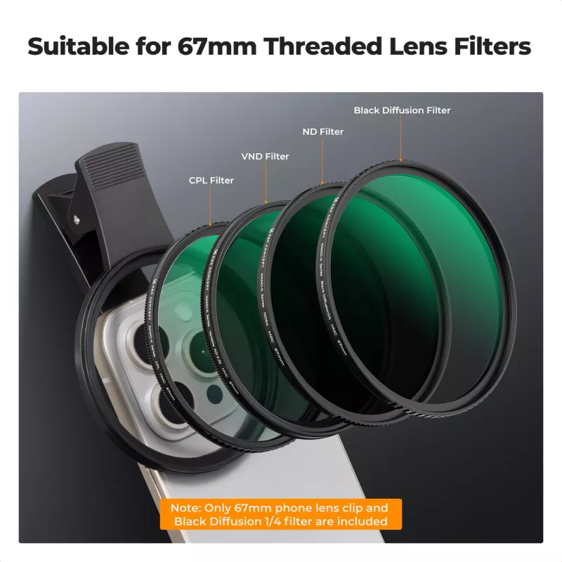 KF Black Diffusion 1/4 filter 67 mm s Clip-On adaptérom pre smartfón