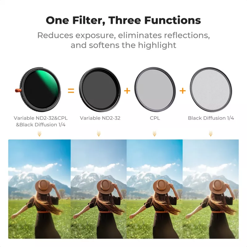 K&F Concept 67 mm 3-in-1 hybridný filter Fader ND2-32 + CPL + Black Diffusion 1/4