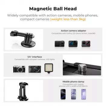 KF 3D guľová magnetická držiaková hlava pre GoPro smartfón kameru so závitom 1/4 palca KF31.156 čierna