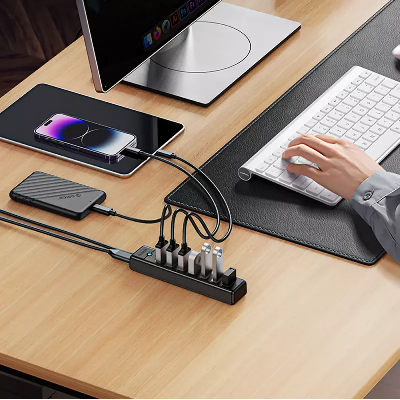 ORICO PW7U-U3 7-portový USB 3.0 hub s USB-C napájaním, 1m kábel, čierny
