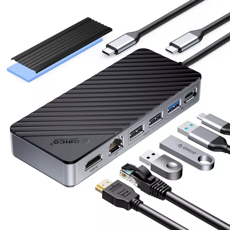 ORICO OM28PR-G2 Dokovacia stanica USB-C s puzdrom na SSD M.2, 1x USB-A 3.2, 1x USB-C 3.2, 2x USB-A 2.0, 1x HDMI, 1x Ethernet - Čierna
