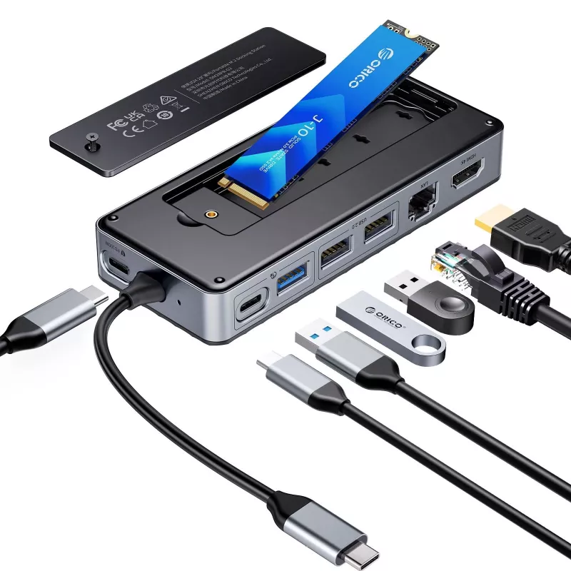 ORICO OM28PR-G2 Dokovacia stanica USB-C s puzdrom na SSD M.2, 1x USB-A 3.2, 1x USB-C 3.2, 2x USB-A 2.0, 1x HDMI, 1x Ethernet - Čierna