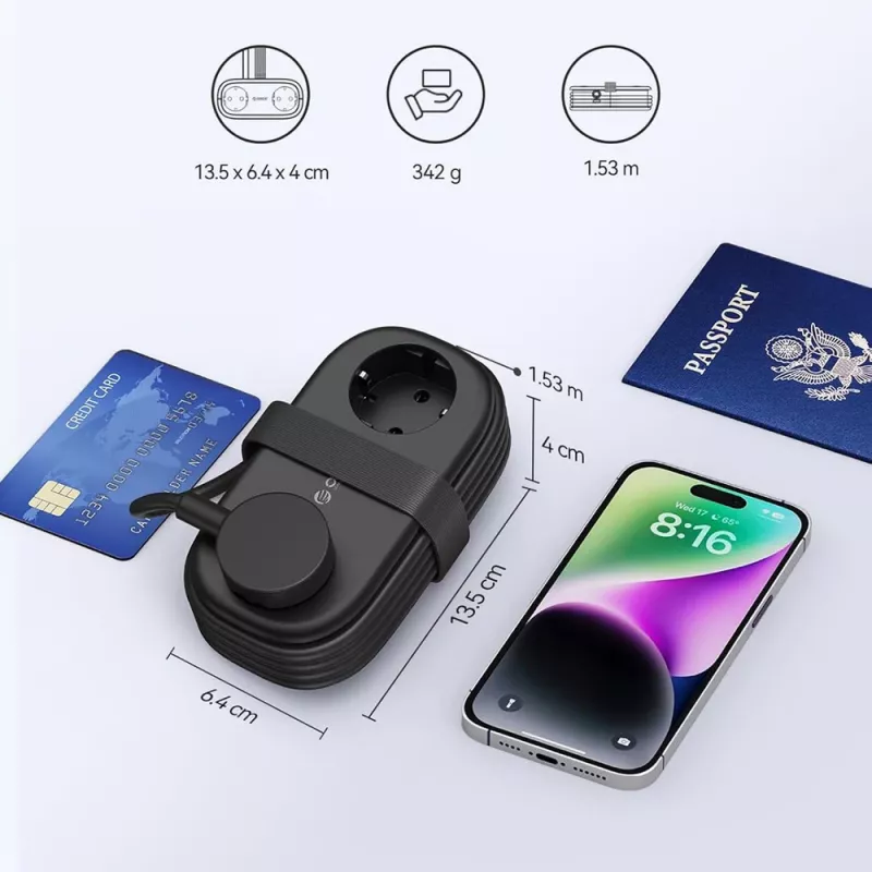 ORICO AP3 20W GaN predlžovací kábel 5-in-1 2x AC + 2x USB-A + 1x USB-C - čierny