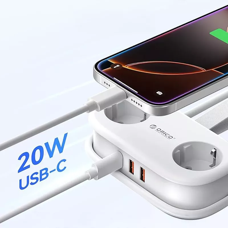 ORICO AP3 20W GaN predlžovací kábel 5-in-1 2x AC + 2x USB-A + 1x USB-C - biely