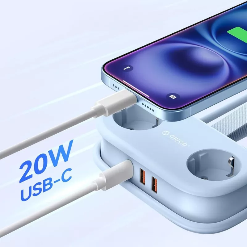 ORICO AP3 20W GaN predlžovací kábel 5-in-1, 2x AC + 2x USB-A + 1x USB-C, modrý