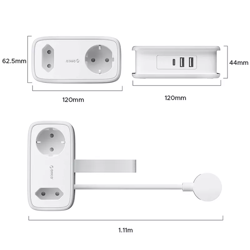 ORICO APP 15.5W 5-in-1 predlžovací kábel s 2x AC, 2x USB-A, 1x USB-C - biely