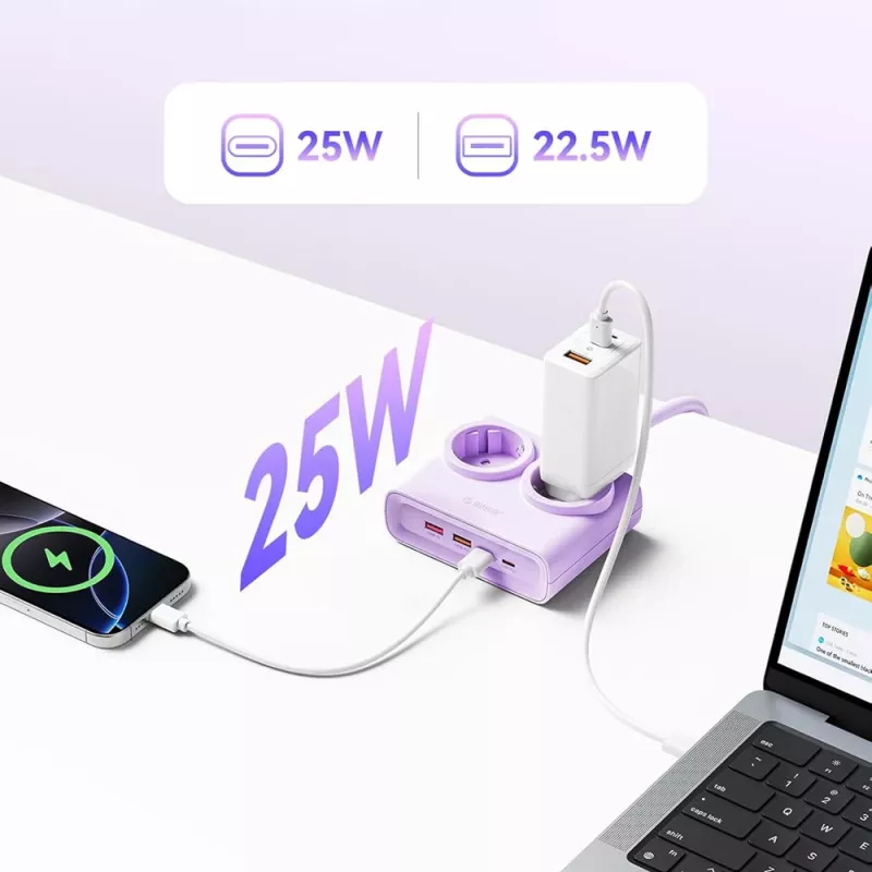 ORICO PDC25 25W 6-in-1 predlžovací kábel s 2 AC zásuvkami, 2 USB-A a 2 USB-C portami - fialový
