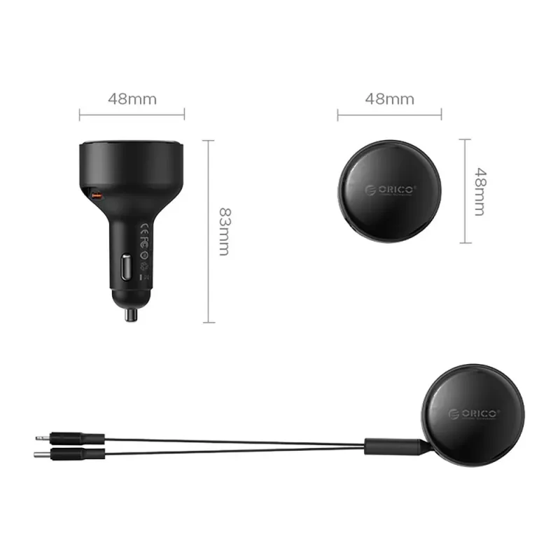 ORICO Dual Stretch 60W USB-C autonabíjačka s dvoma zvinovacími káblami USB-C + Lightning - čierna