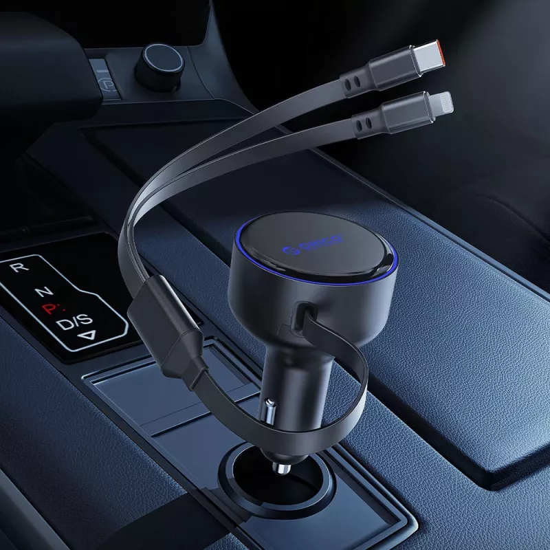 ORICO Dual Stretch 60W USB-C autonabíjačka s dvoma zvinovacími káblami USB-C + Lightning - čierna