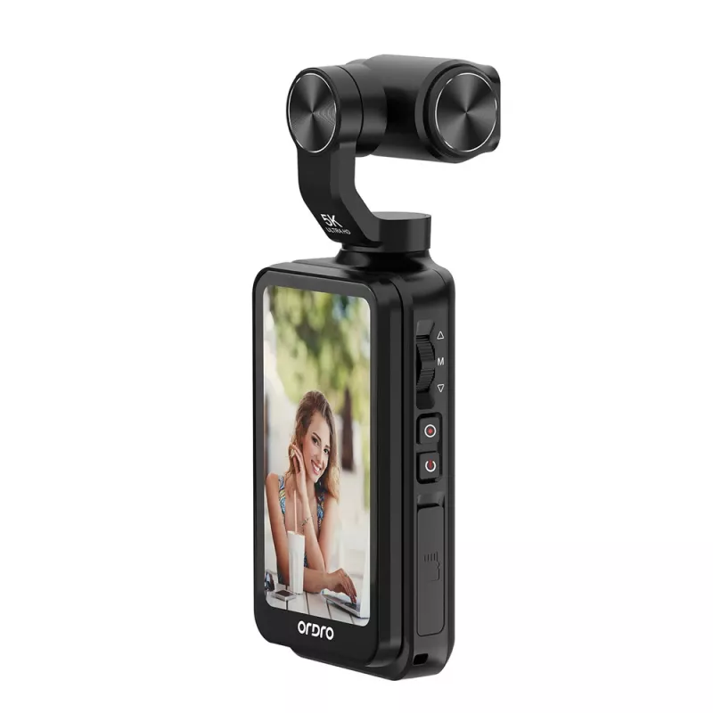 Ordro Pocket M5 5K akčná kamera s 3-osovým gimbalom, 12MP, Wi-Fi, čierna