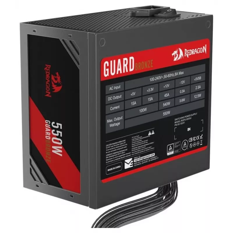Redragon Guard GC-GU01 550W napájací zdroj, 80 PLUS Standard, Active PFC, ne-modulárny, 120 mm ventilátor, čierny