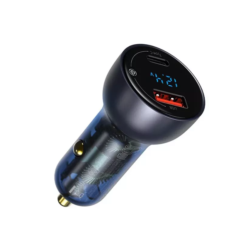 Baseus Particular nabíjačka do auta s digitálnym displejom, USB-C + USB-A, QC3.0+PD, 65W, sivá