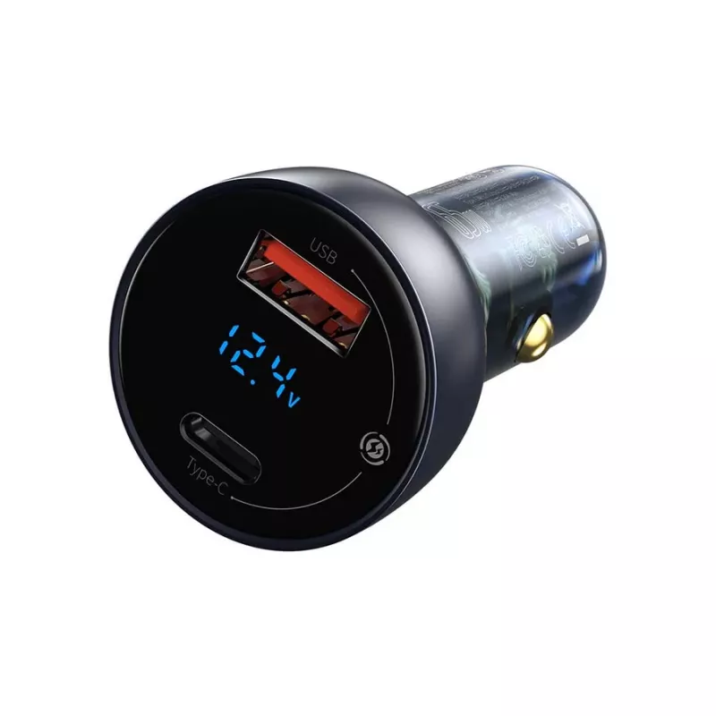 Baseus Particular nabíjačka do auta s digitálnym displejom, USB-C + USB-A, QC3.0+PD, 65W, sivá