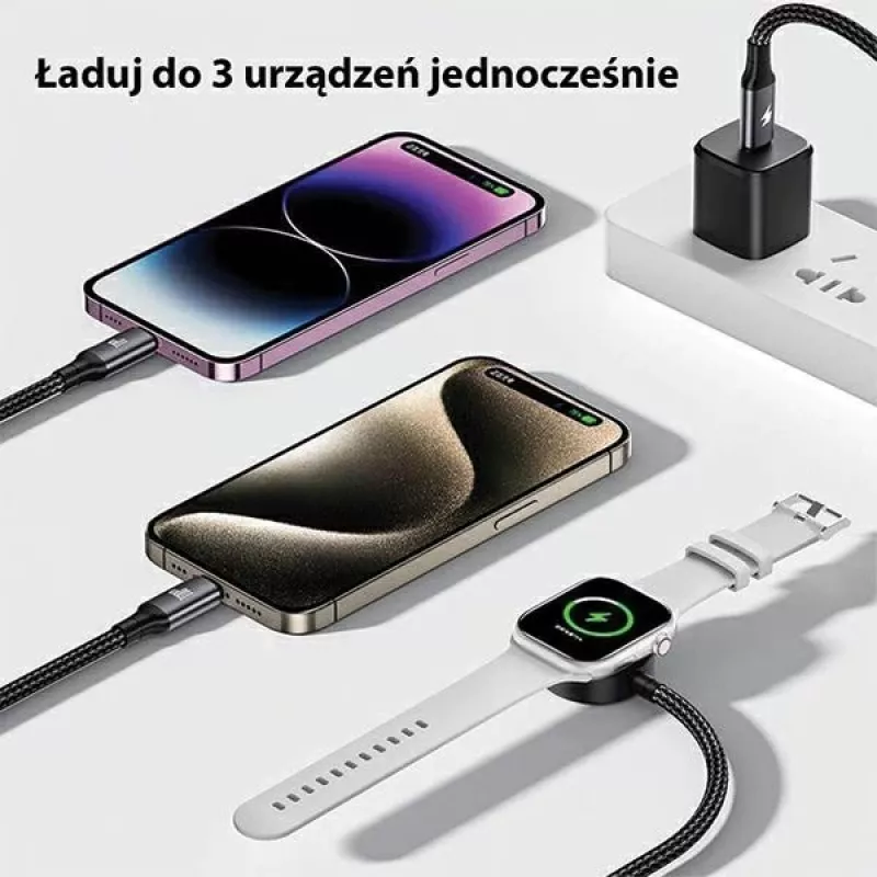AWEI W23 3-in-1 USB-C/Lightning/Apple Watch nabíjací kábel 100W/10W/2,5W čierny