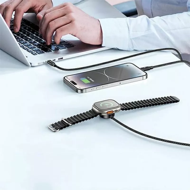 AWEI W23 3-in-1 USB-C/Lightning/Apple Watch nabíjací kábel 100W/10W/2,5W čierny