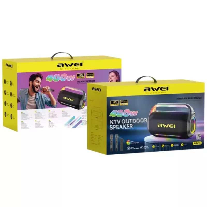 AWEI KT20 prenosný bezdrôtový reproduktor 400W Bluetooth 5.3 so sadou na karaoke čierny