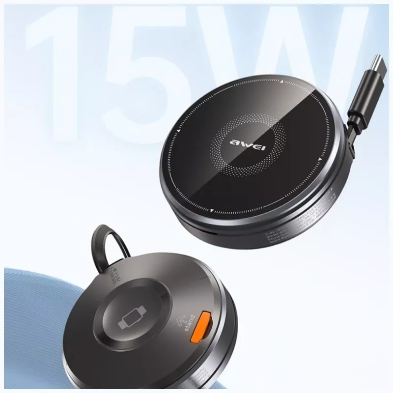 AWEI W27 3-in-1 bezdrôtová nabíjacia stanica 15W rýchle nabíjanie s USB-C káblom čierna