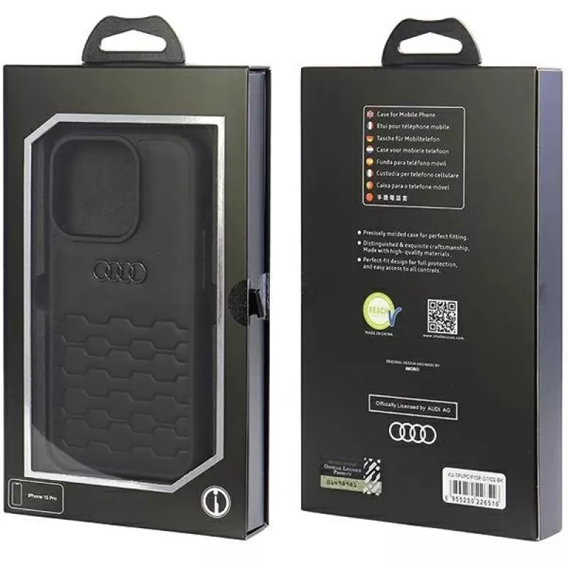 Audi GT syntetická koža tvrdé puzdro pre iPhone 15 Pro (6,1 palca) - čierna